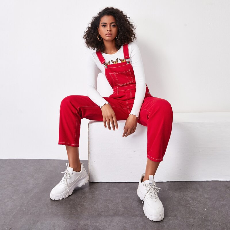 

Pocket Front Denim Overalls, Red