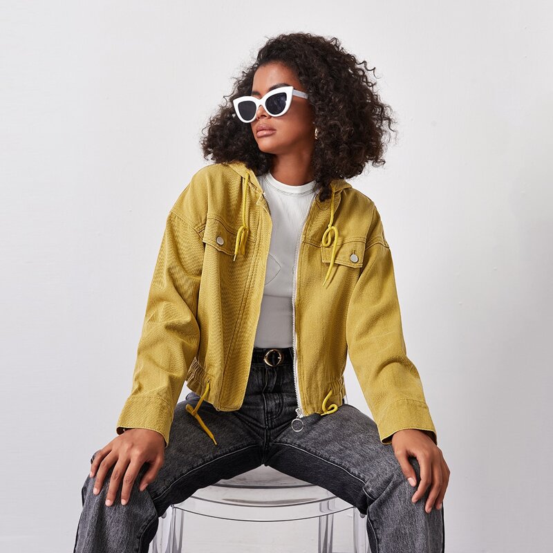

Zip Up Drawstring Oversized Hoodie, Mustard yellow