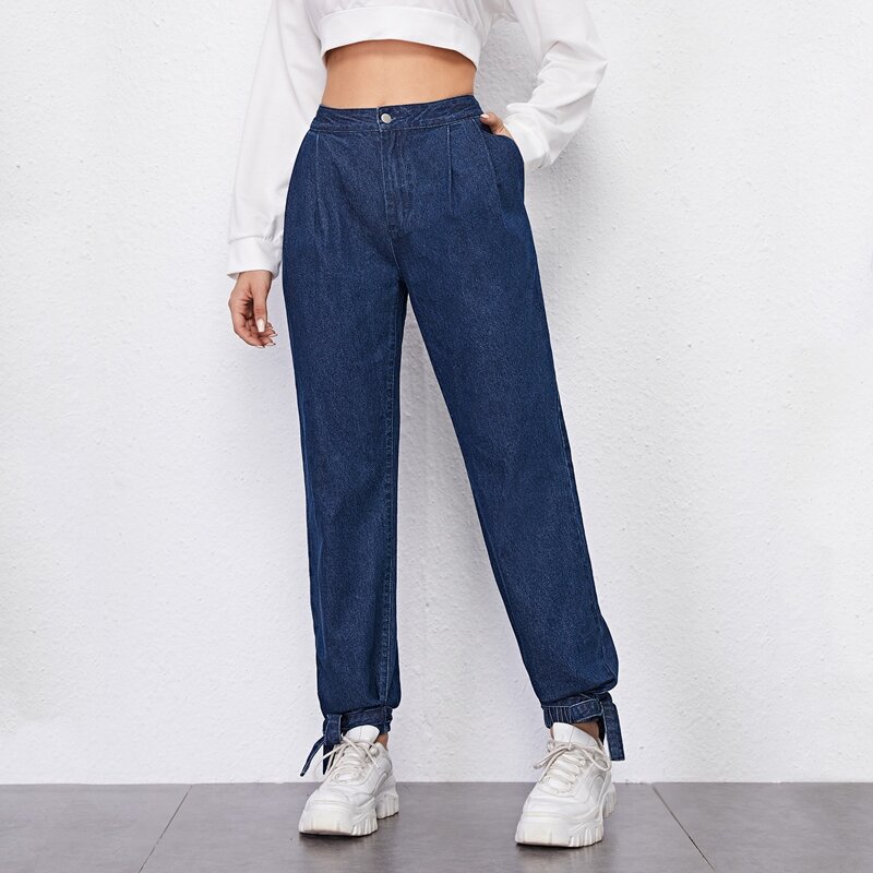 

High Waist Fold Pleat Knot Hem Jogger Jeans, Dark wash