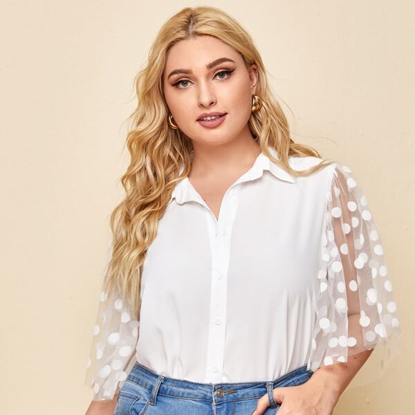 

Plus Polka Dot Mesh Sleeve Blouse, White