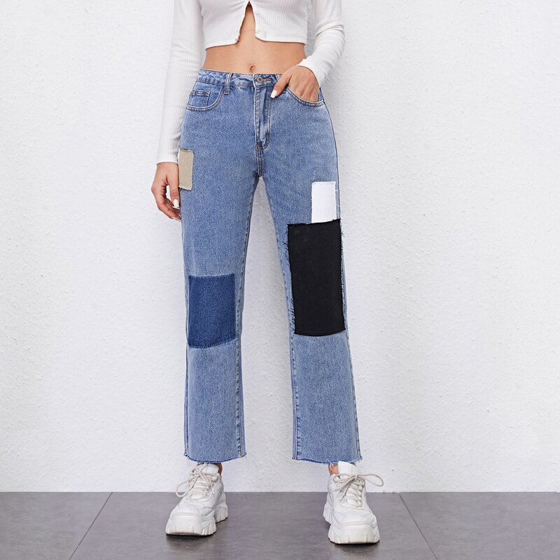 

Patch Spliced Straight Jeans, Light wash
