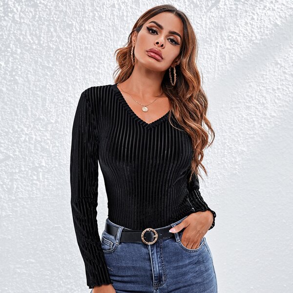 

Rib Knit Velvet Tee, Black
