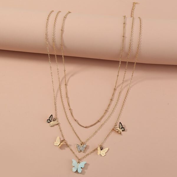 

3pcs Butterfly Charm Necklace, Multicolor