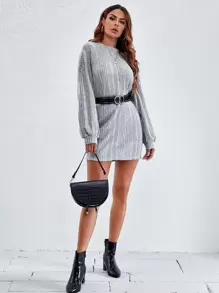 SHEIN LUNE Vestido camiseta de hombros caídos sin cinturón - Gris - Ver 3