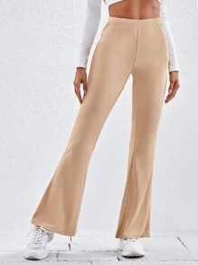 SHEIN EZwear 傘狀腿羅紋針織褲子 - 杏色 - 查看 3