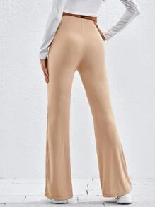 SHEIN EZwear 傘狀腿羅紋針織褲子 - 杏色 - 查看 2