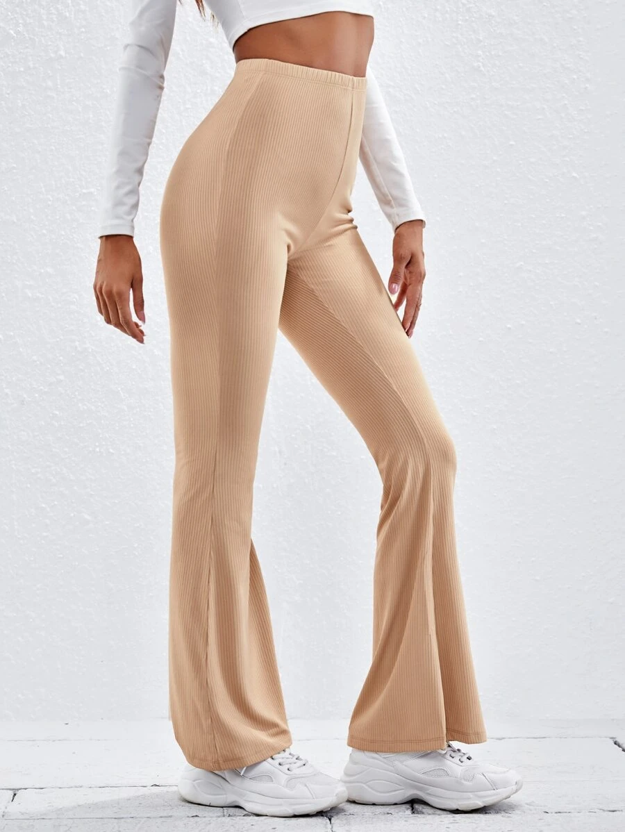 SHEIN EZwear 傘狀腿羅紋針織褲子 - 杏色 - 查看 1