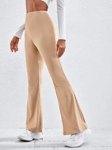 SHEIN EZwear 傘狀腿羅紋針織褲子 - 杏色 - 查看 4