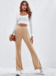 SHEIN EZwear 傘狀腿羅紋針織褲子 - 杏色 - 查看 5