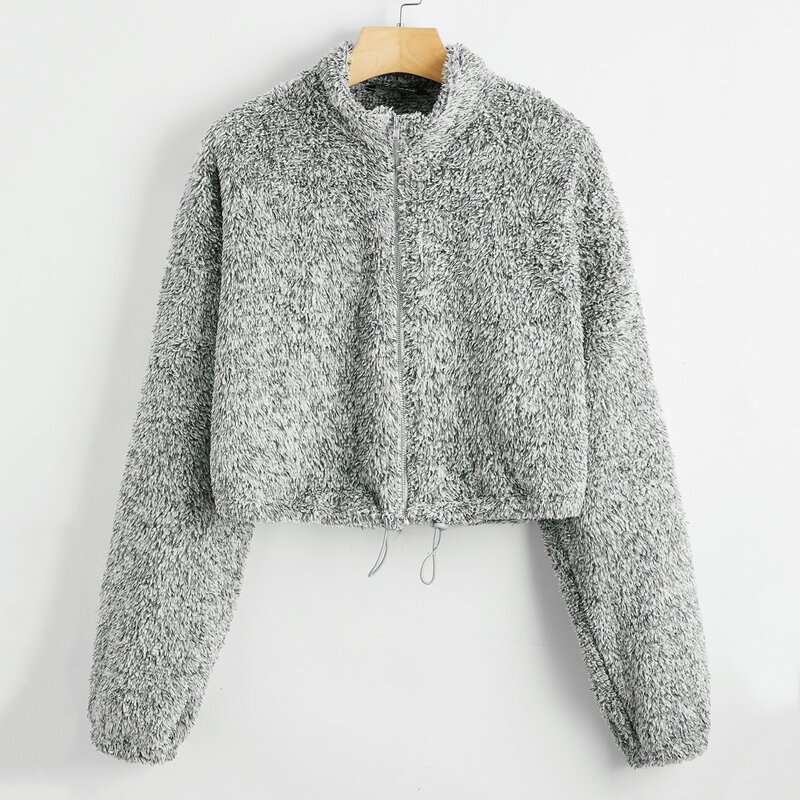 

Zip Up Drawstring Hem Teddy Jacket, Grey