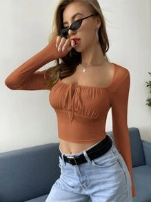 SHEIN Privé Camiseta corta con cordón delantero - Marrón - Ver 3