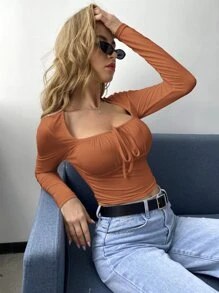SHEIN Privé Camiseta corta con cordón delantero - Marrón - Ver 4