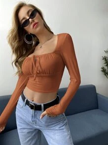 SHEIN Privé Camiseta corta con cordón delantero - Marrón - Ver 5