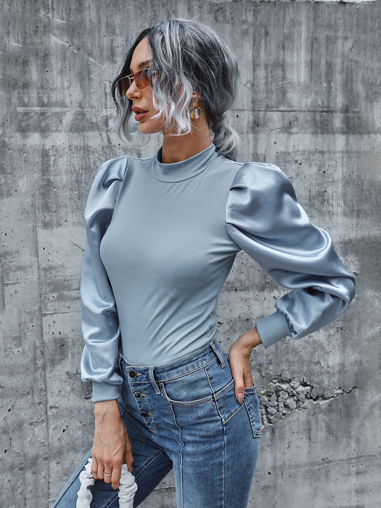 Mock Neck Lantern Sleeve Rib-knit Top thumbnail