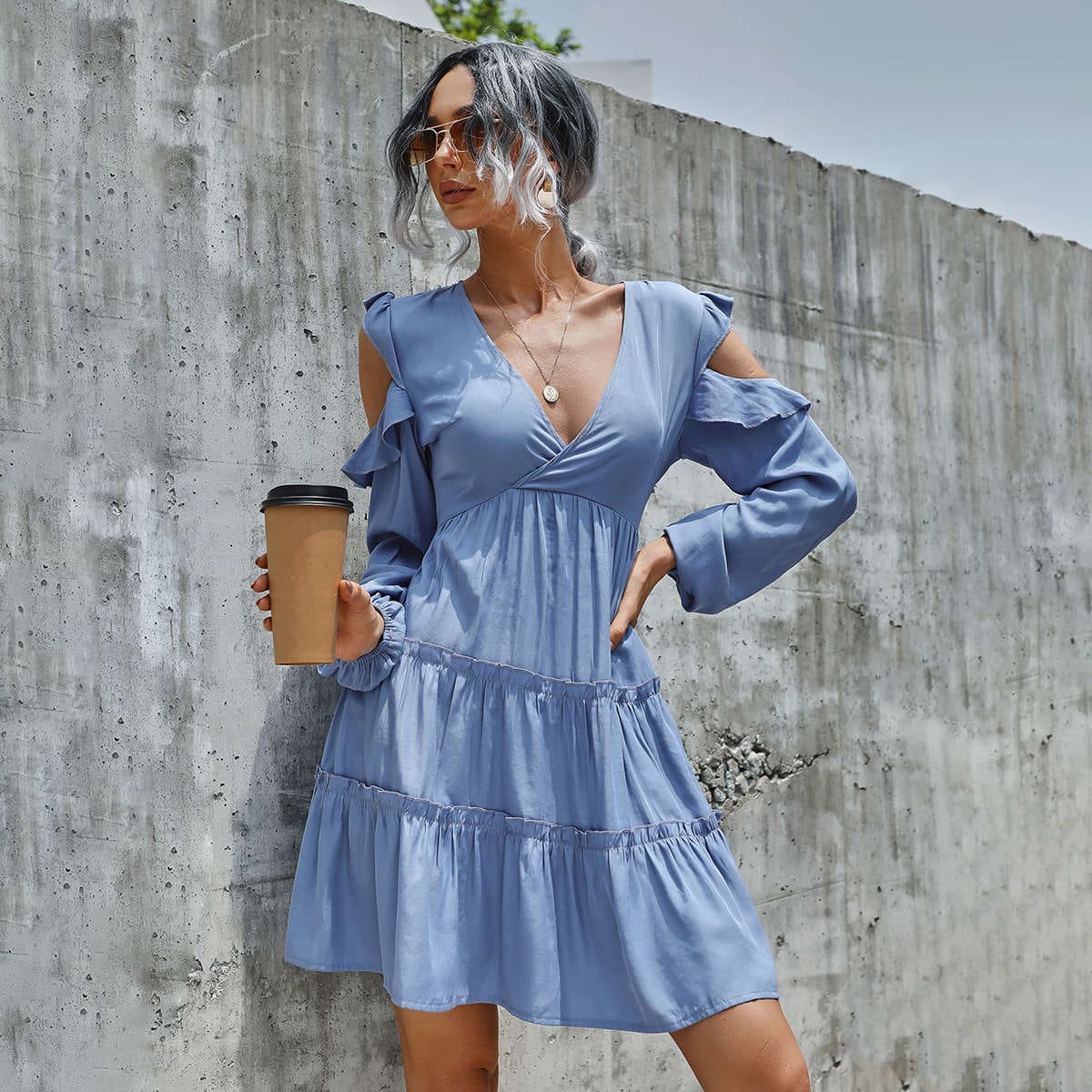 

Cut-out Ruffle Trim Lantern Sleeve Ruffle Hem Dress, Dusty blue