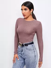 SHEIN Essnce Camiseta tejida unicolor - Púrpura polvoriento - Ver 3