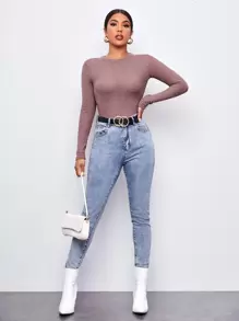 SHEIN Essnce Camiseta tejida unicolor - Púrpura polvoriento - Ver 4