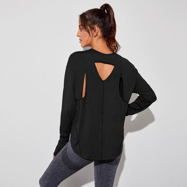 

Cut Out Solid Sports Tee With Thumb Hole, Black