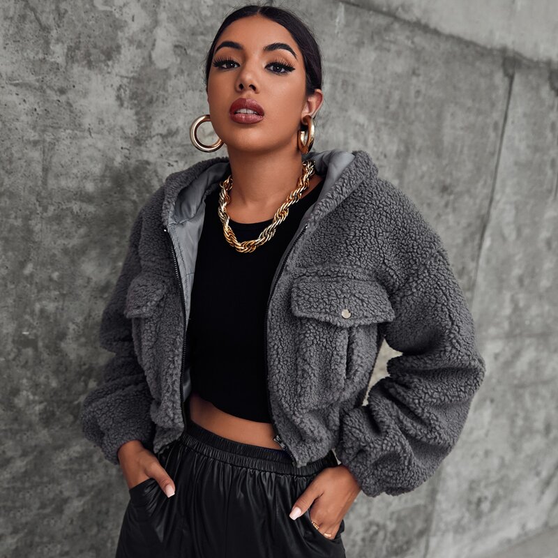 

Zip Up Hooded Flap Pocket Teddy Jacket, Dark grey