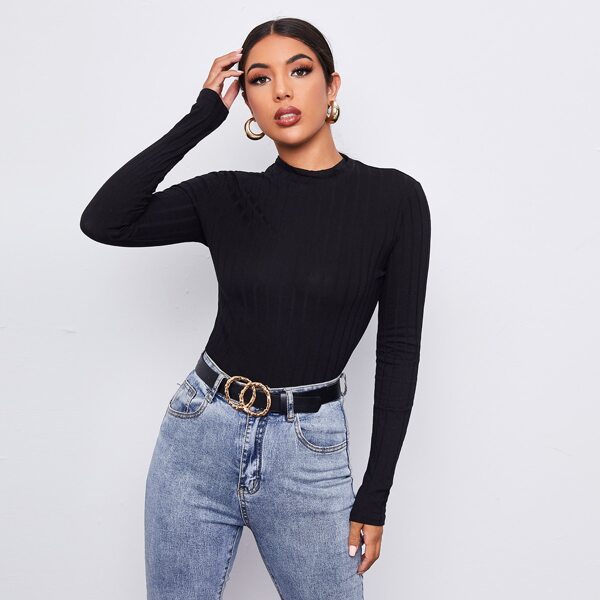 

Stand Collar Rib-knit Tee, Black
