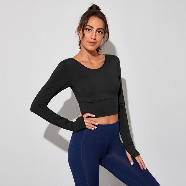 

Criss-cross Open Back Sports Tee With Thumb Hole, Black