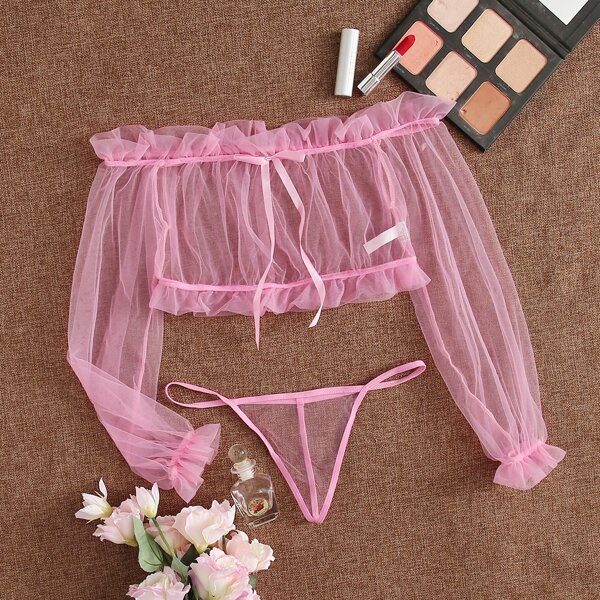 

Ruffle Trim Bardot Mesh Lingerie Set, Pink