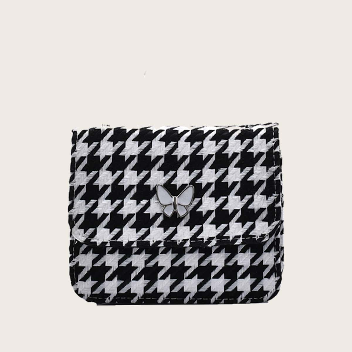 

Butterfly Houndstooth Chain Satchel Bag, Black and white
