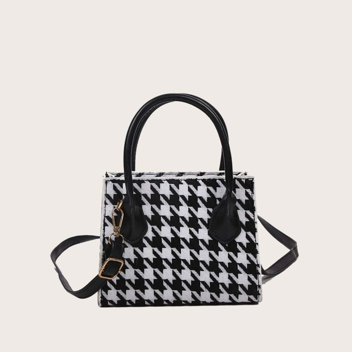 

Houndstooth Satchel Bag, Black and white