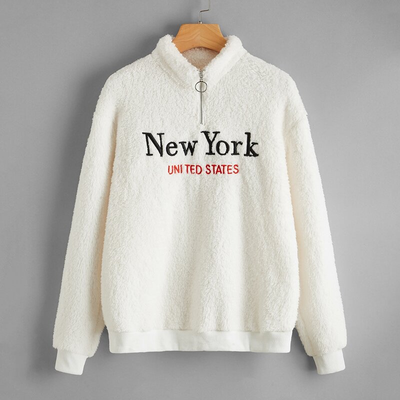 

Letter Embroidery Half Zip Teddy Sweatshirt, Beige
