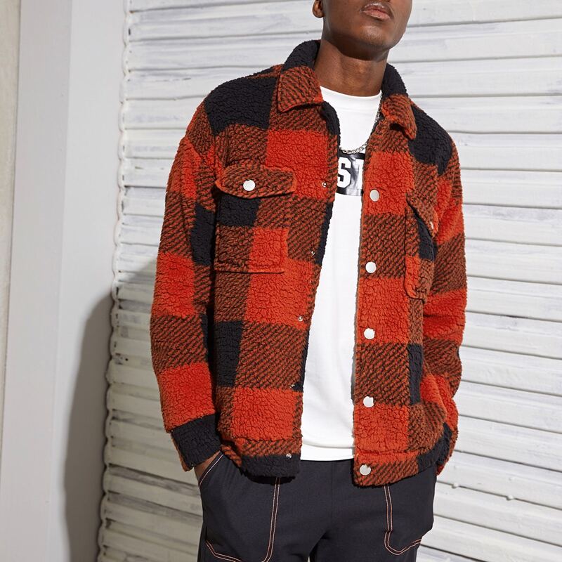 

Guys Plaid Drop Shoulder Button Front Teddy Jacket, Multicolor