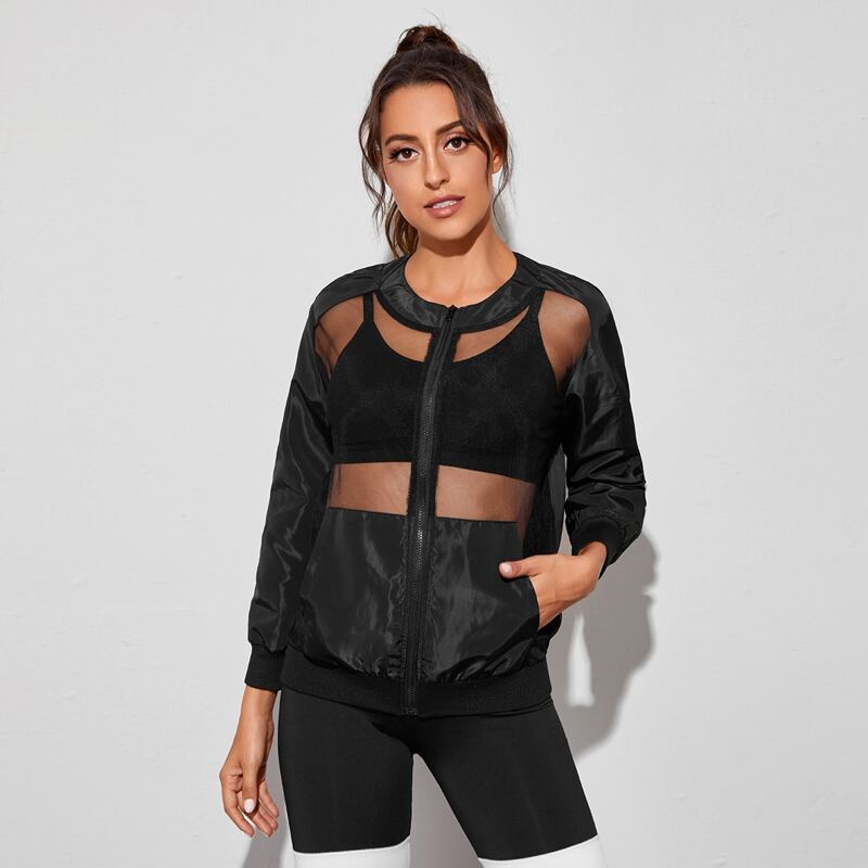 

Mesh Panel Windbreaker Sports Jacket Without Bra, Black
