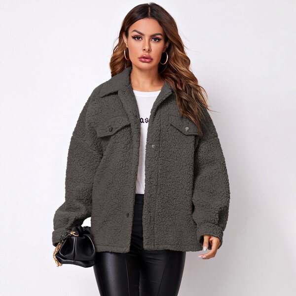 

Press Button Drop Shoulder Teddy Coat, Dark grey
