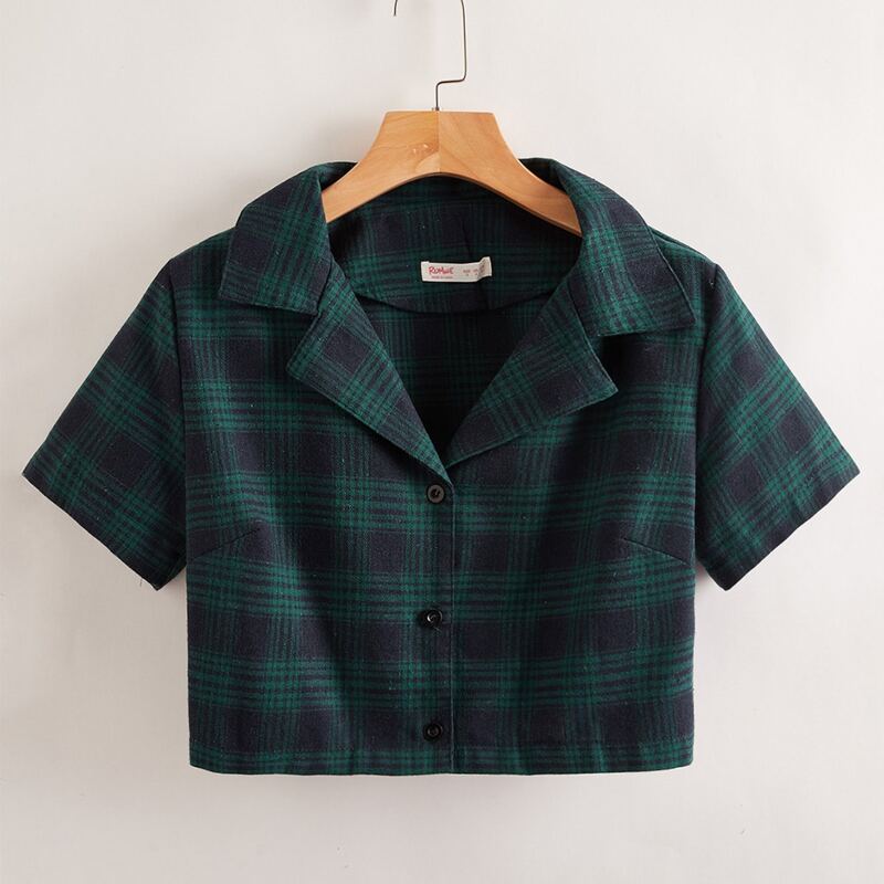 

Button Front Plaid Crop Shirt, Dark green