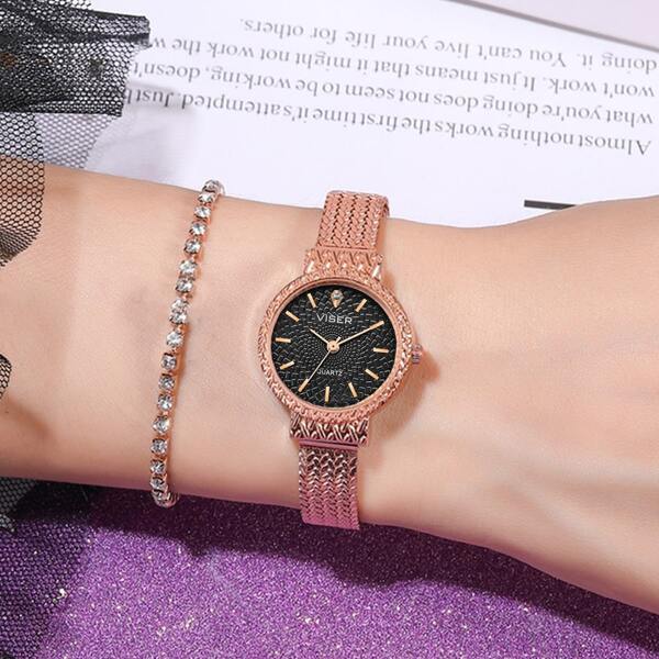 

1pc Round Pointer Quartz Watch & 1pc Rhinestone Bracelet