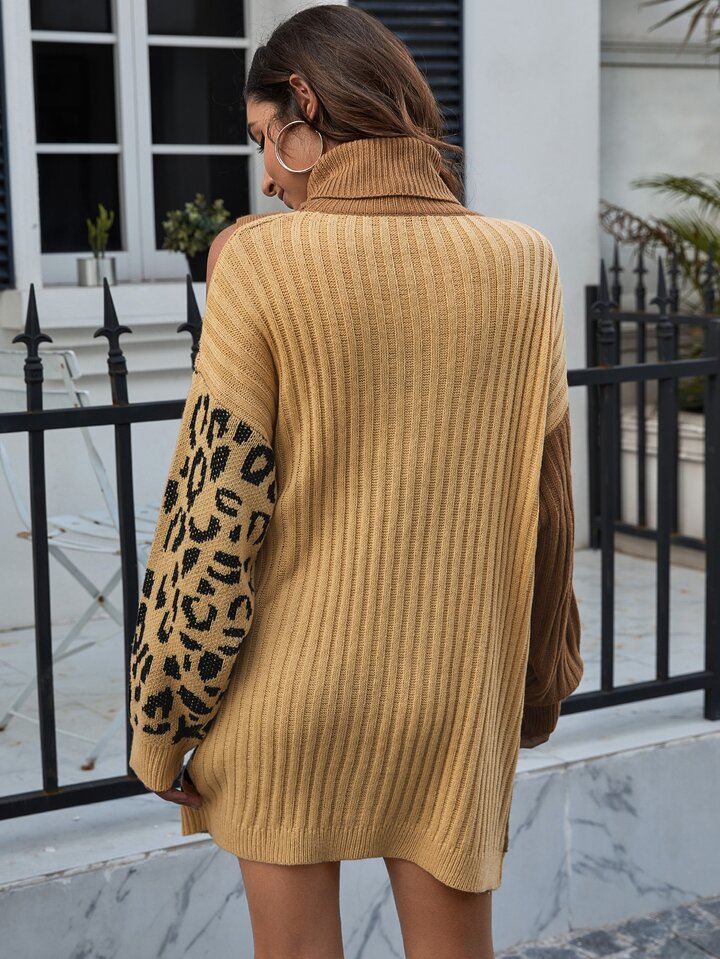 Our Turtleneck Cut-out Buckle Detail Cable Knit Leopard Sweater Dress is  such a vibe - ROMWE