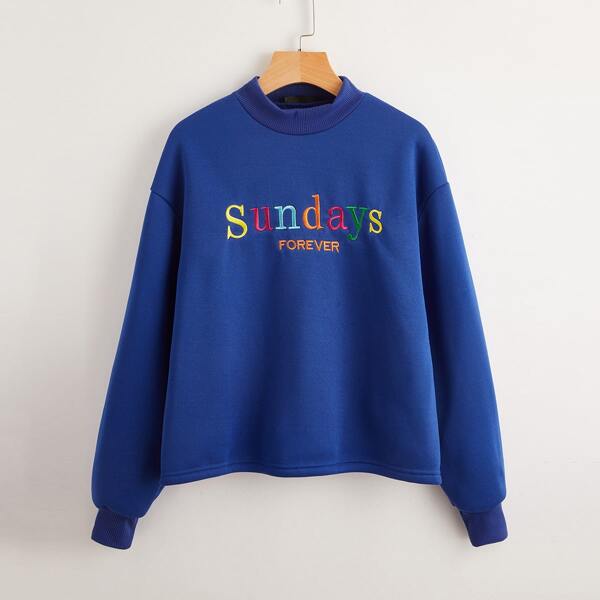 

Letter Embroidery Drop Shoulder Pullover, Blue