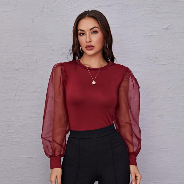 

Sheer Organza Sleeve Top, Burgundy