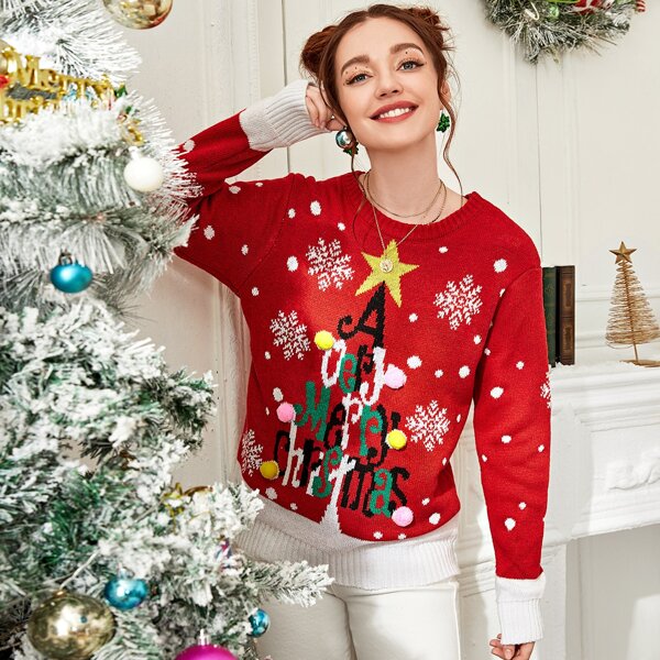

Christmas Slogan Graphic Pom Pom Sweater, Red