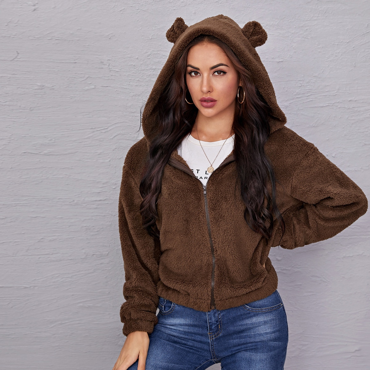 Image of D Ear Design Drop Shoulder Teddy Hooded Jacket