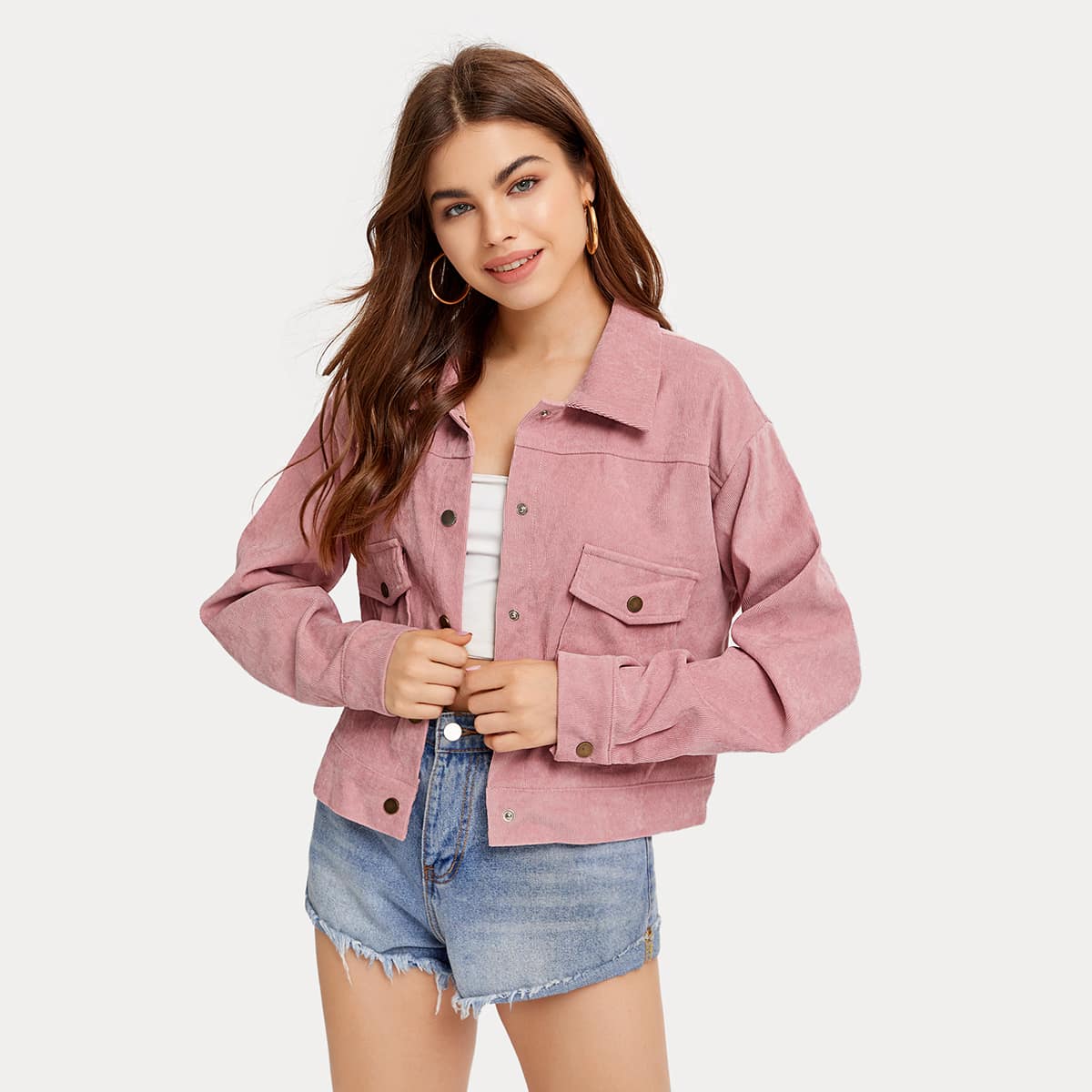 

Corduroy Solid Button Front Jacket, Dusty pink