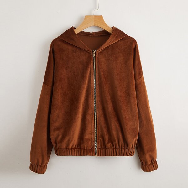 

Drop Shoulder Zip Up Velvet Oversized Hoodie, Rust brown