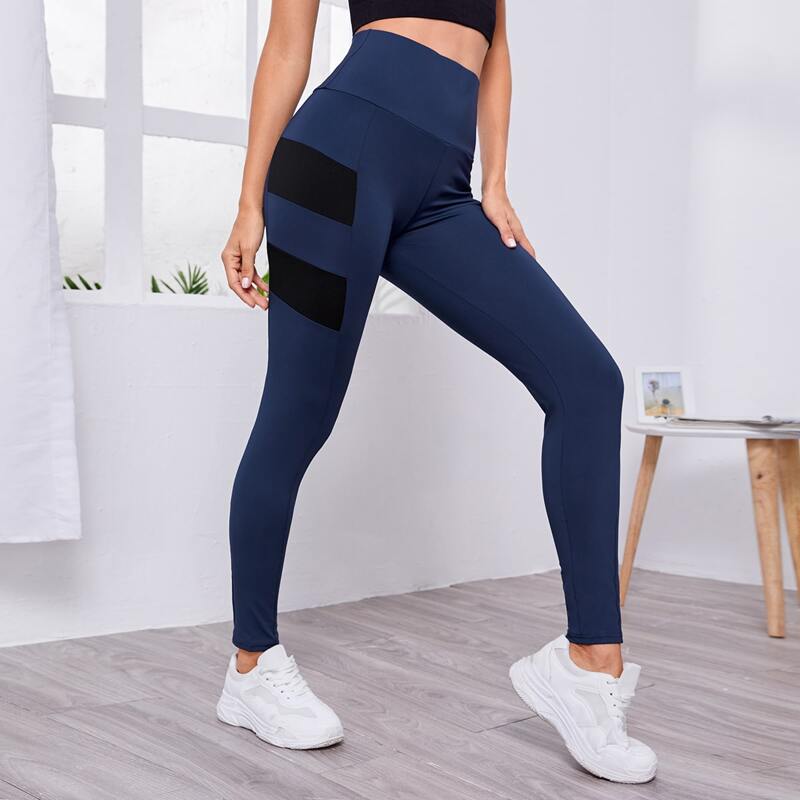 

Contrast Panel Wide Band Waist Sports Leggings, Navy blue