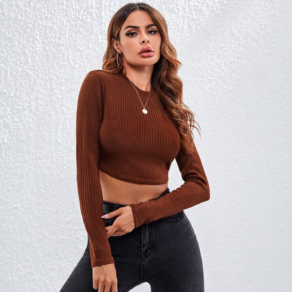 

Rib Knit Crop Tee, Brown