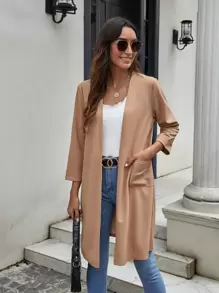 SHEIN LUNE Double Pocket Open Front Coat - Camel - View 1