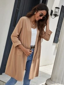 SHEIN LUNE Double Pocket Open Front Coat - Camel - View 3