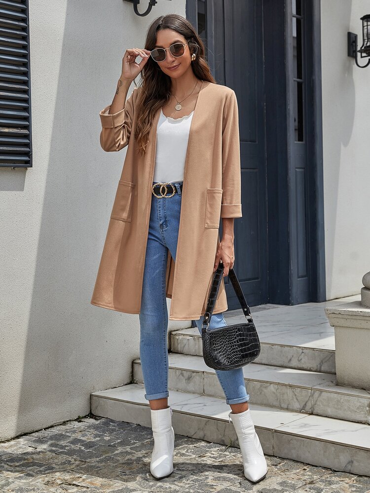 SHEIN LUNE Double Pocket Open Front Coat - Camel - View 4