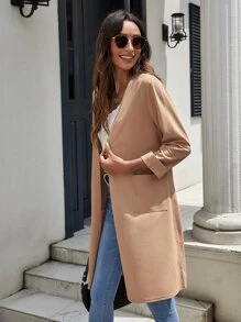 SHEIN LUNE Double Pocket Open Front Coat - Camel - View 5