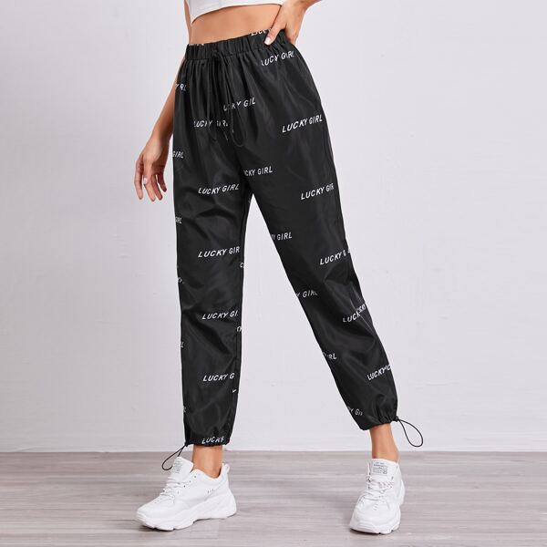 

All Over Print Drawstring Waist Pants, Black