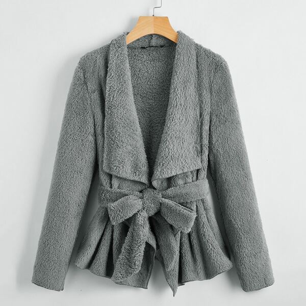 

Waterfall Collar Belted Teddy Coat, Dark grey