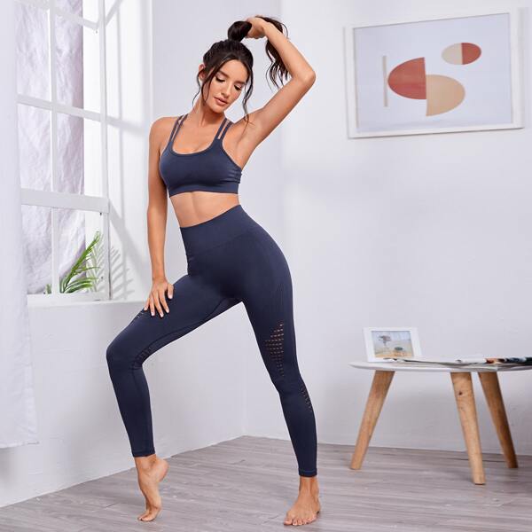 

Solid Sports Bra & Pointelle Leggings Set, Navy blue